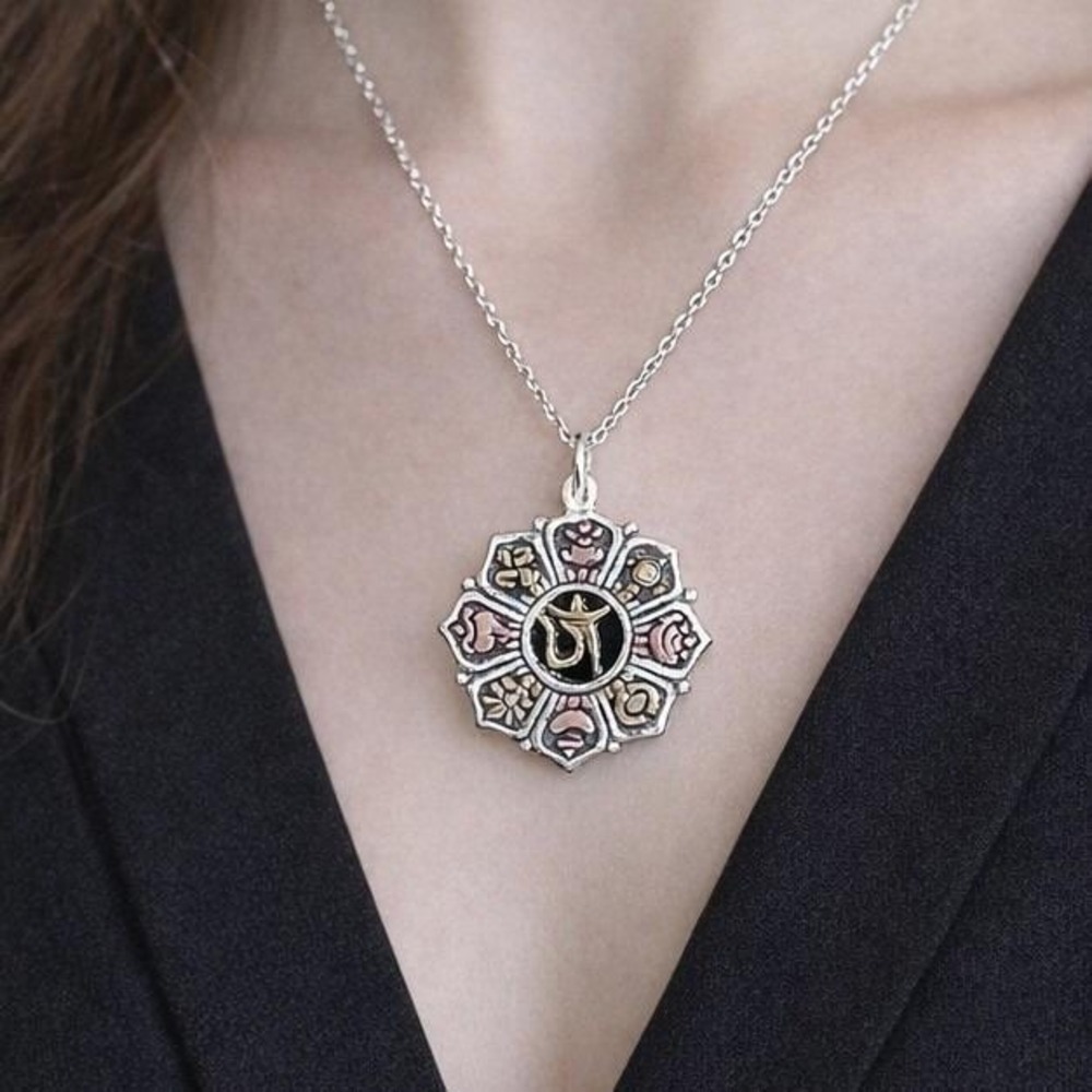 Vintage Om Lotus Pendant Necklace Boho Spiritual Medallion